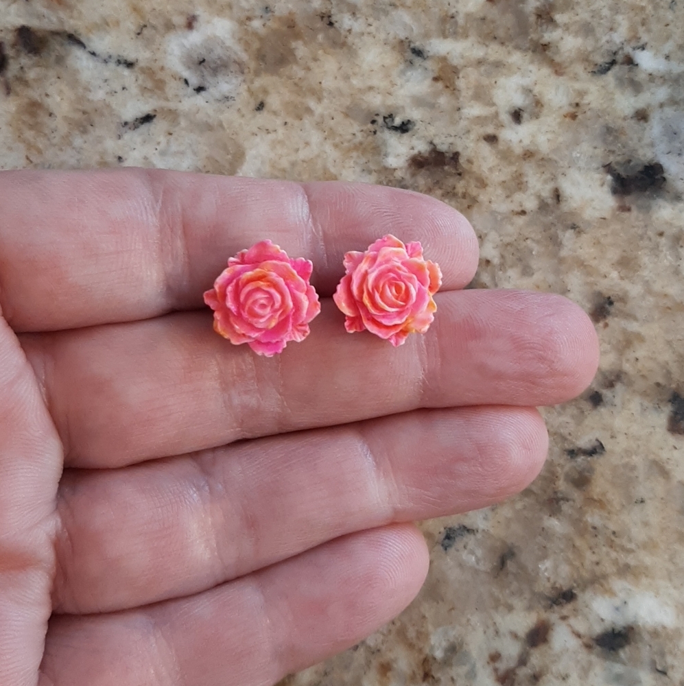 Pink and Orange Rose Earrings